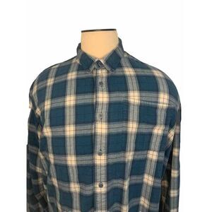 Cabelas Mens Flannel 3XL Tall Blue White Plaid Long Sleeve Heavy Weight